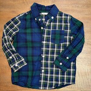 Janie and Jack Blue and Green Button Down Shirt with Split Plaid Design